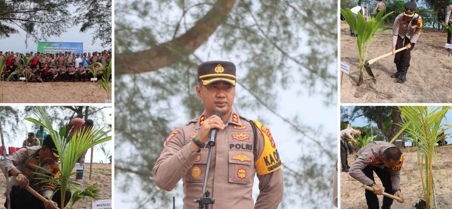 Polres Bangka Tengah Dukung Ketahanan Bumi Serumpun Sebalai dengan Penanaman Sejuta Pohon di Pantai Sinar Laut
