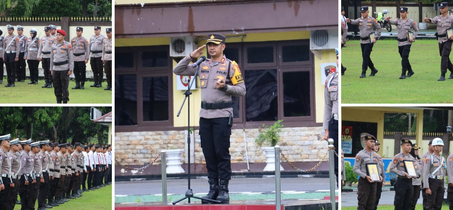 Polres Bangka Tengah Gelar Upacara Pemberian Reward dan PTDH di Tengah Hujan