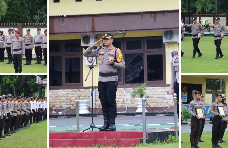 Polres Bangka Tengah Gelar Upacara Pemberian Reward dan PTDH di Tengah Hujan