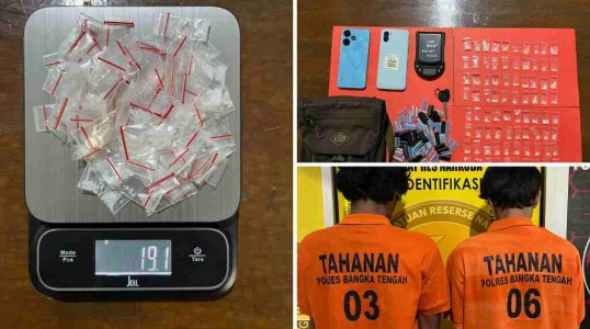 SATRESNARKOBA POLRES BANGKA TENGAH RINGKUS DUA PEMUDA DIDUGA EDARKAN SABU DI SIMPANG KATIS
