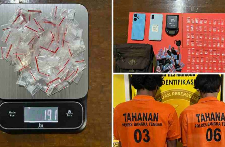 SATRESNARKOBA POLRES BANGKA TENGAH RINGKUS DUA PEMUDA DIDUGA EDARKAN SABU DI SIMPANG KATIS
