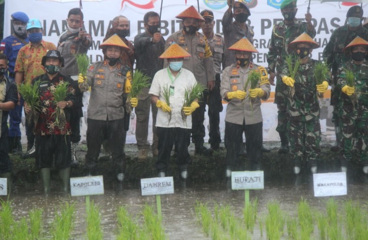 Kapolres Bangka tengah dan Forkompinda dampingi Waka Polda dalam Penanaman bibit padi dan pelepasan benih ikan