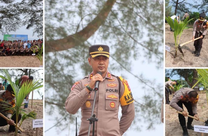 Polres Bangka Tengah Dukung Ketahanan Bumi Serumpun Sebalai dengan Penanaman Sejuta Pohon di Pantai Sinar Laut