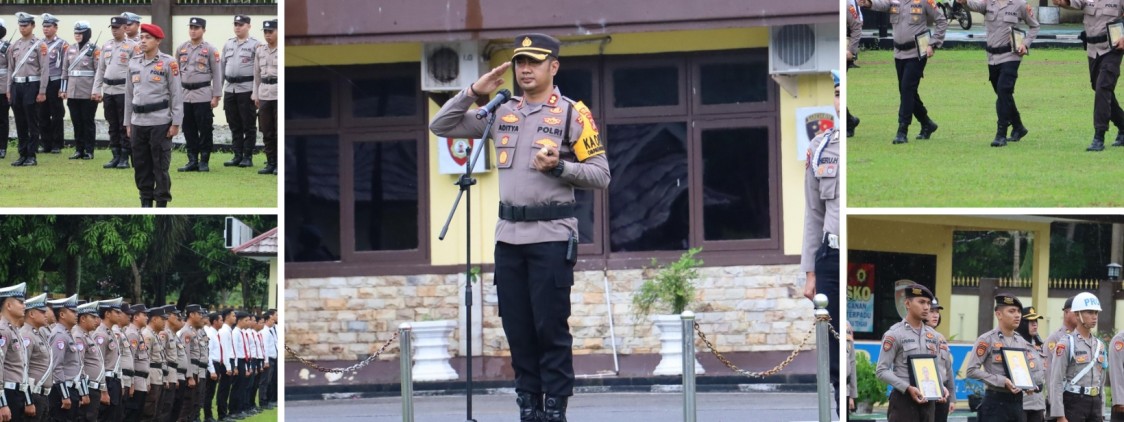 Polres Bangka Tengah Gelar Upacara Pemberian Reward dan PTDH di Tengah Hujan