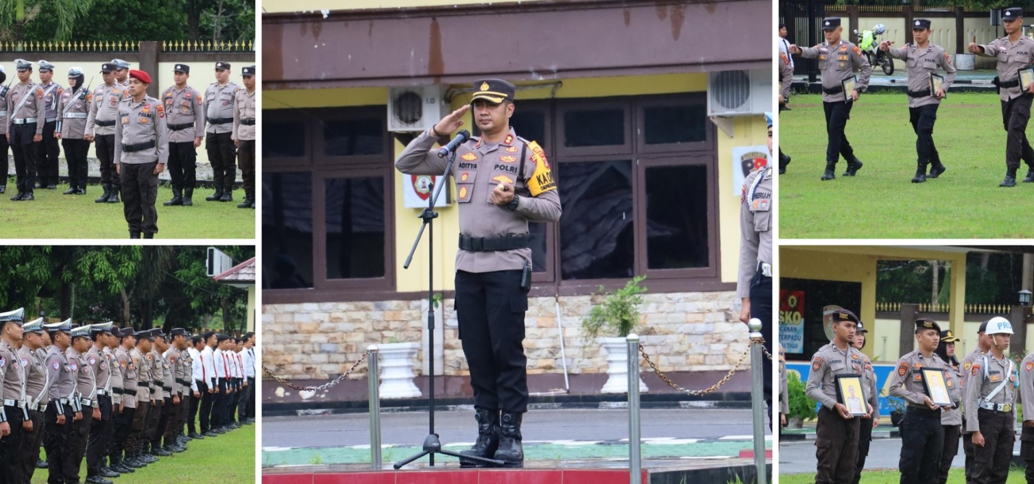 Polres Bangka Tengah Gelar Upacara Pemberian Reward dan PTDH di Tengah Hujan